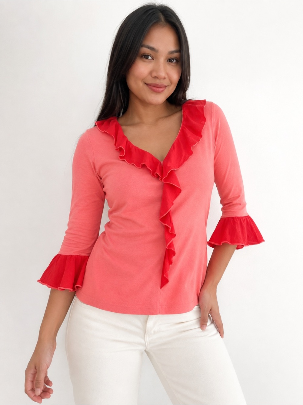Soft Surroundings Coral Top with Red Ruffle Trim
